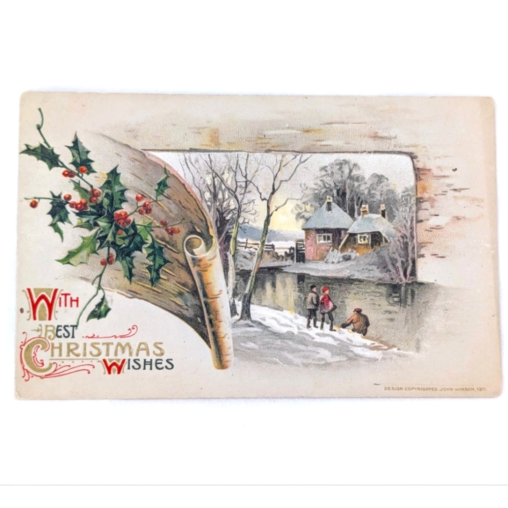 Vintage 1911 Christmas Postcard John Winsch – Birch Bark Effect with Children
